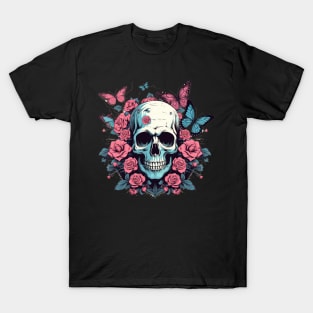 Skull with Flower Roses and Butterflies T-Shirt